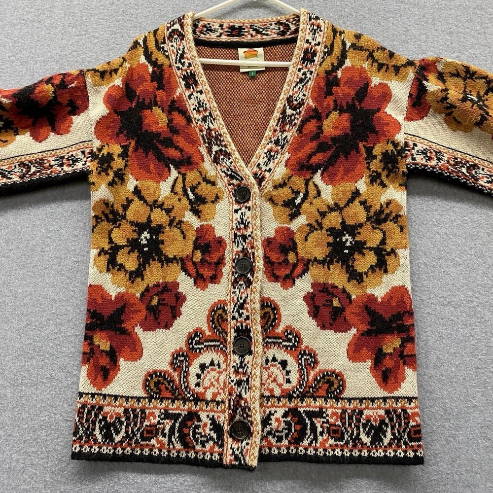 Farm Rio Sand Winter Tapestry Knit Cardigan S Wool Floral Boho Sweater Fall - Picture 3 of 13